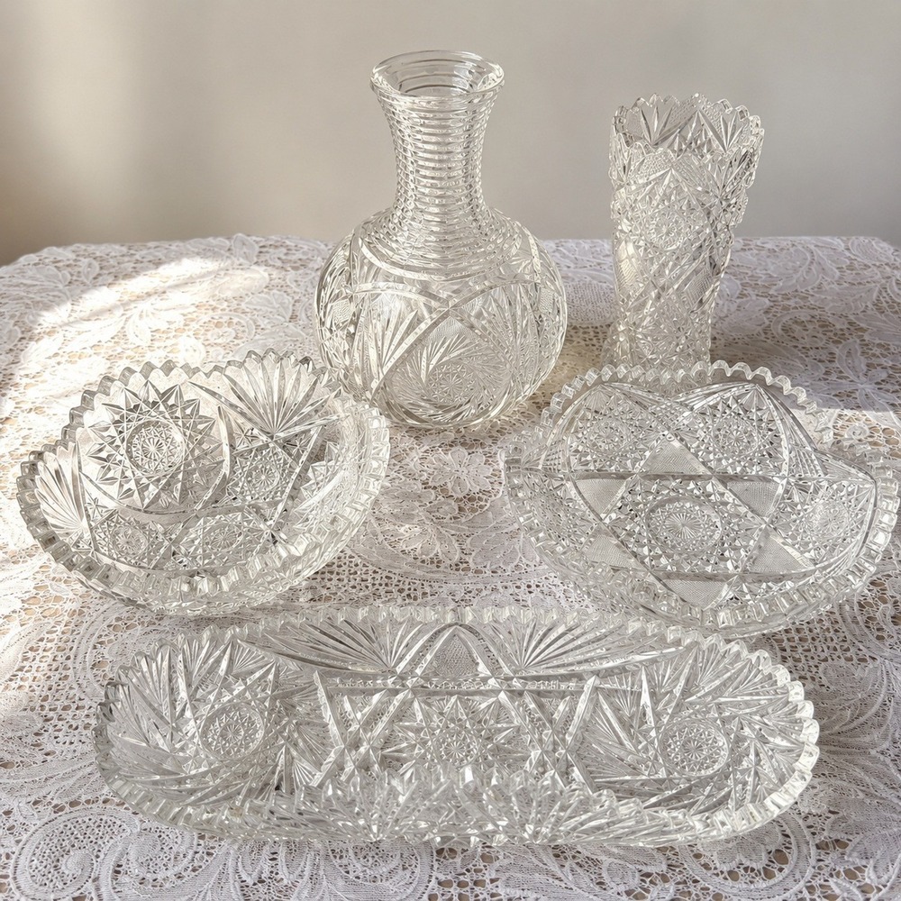 Vintage Cut Crystal Glass 5 Piece Collection Pinwheel Starburst Vases Bowls